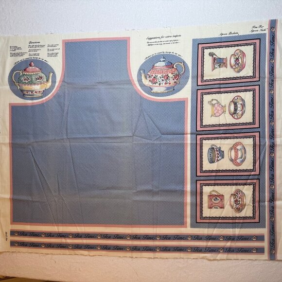 🛒 $9 Fabric Panel Material - 1 yard Tea Pot Apron Panel Blue #12 - Picture 3 of 7